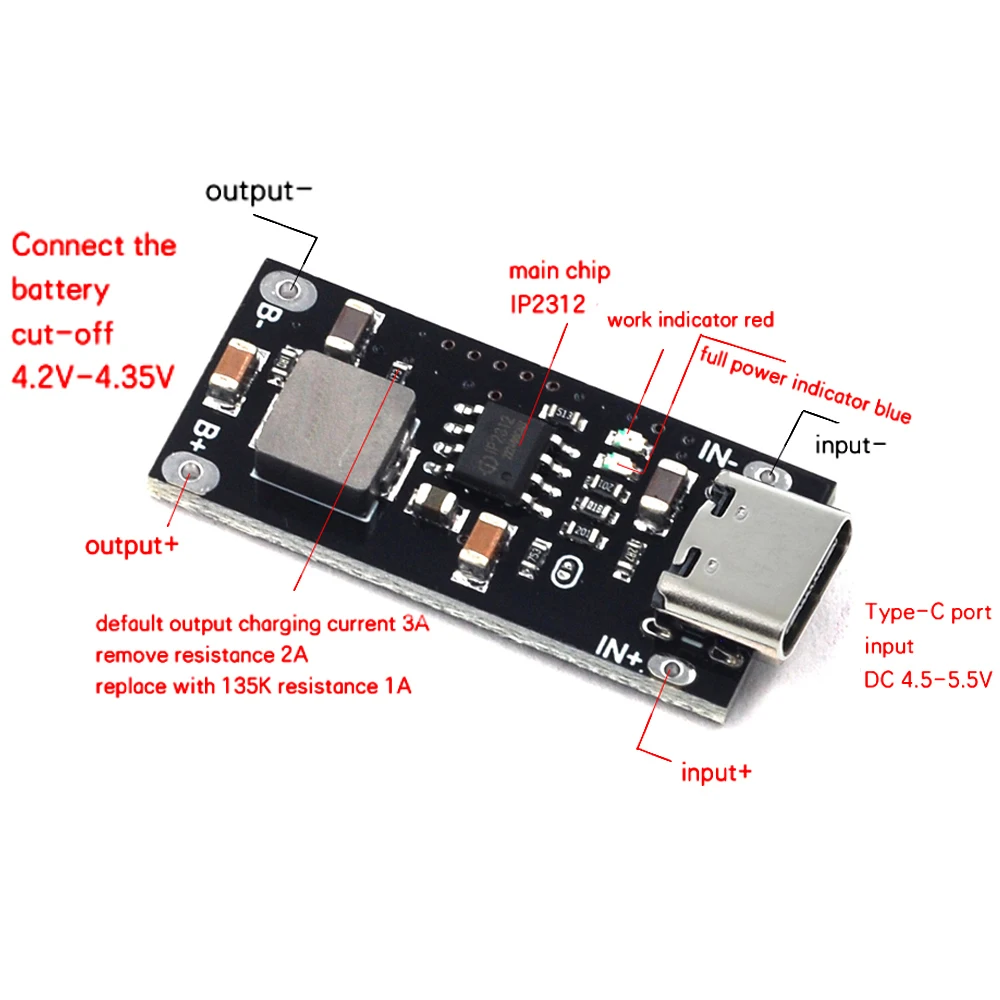 C타입 USB 입력 고전류 3A 폴리머 삼원 리튬 배터리 고속 충전 보드, IP2312 CC/CV 모드, 5V ~ 4.2V