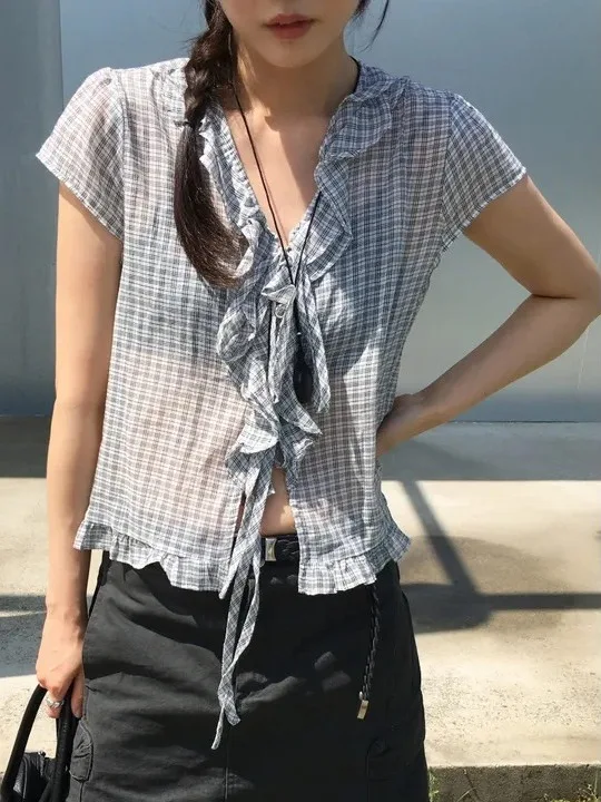 

Chic Sweet Loose Plaid Women's Shirt Fashionable See-through Design Pure Desire Style Top Buttoned Hemline Korean Style Short...