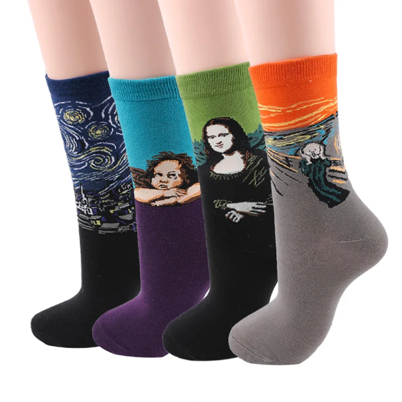 Oil painting medium tube socks European and American adult socks Women\'s trend stockings Men\'s autumn and winter cotton socks