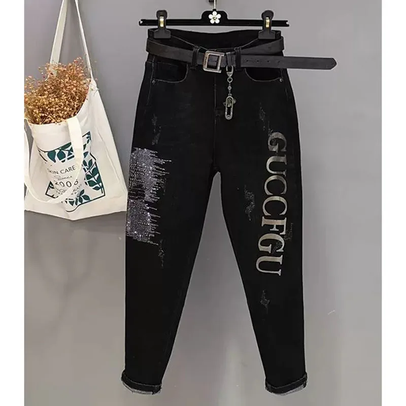 

Women Versatile Letter Denim Trousers Spring Summer Female Loose Fitting Nine Points Pantalons Lady High Waisted Hot Drill Jeans