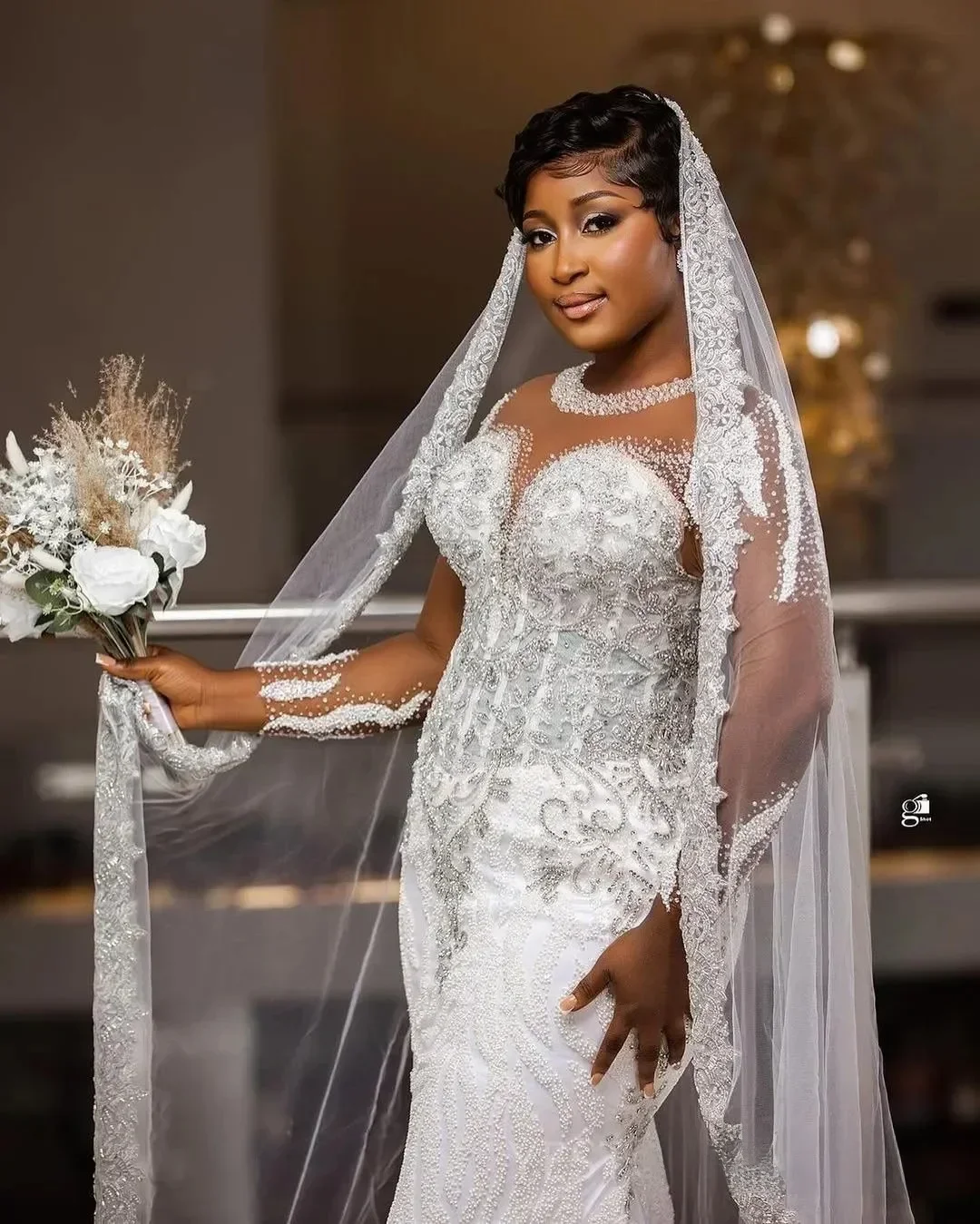 Customized Plus Size Aso Ebi Mermaid Wedding Dress Bridal Gowns Illusion Sheer Neck Long Sleeves Lace Tulle Crystal Bridal Gowns