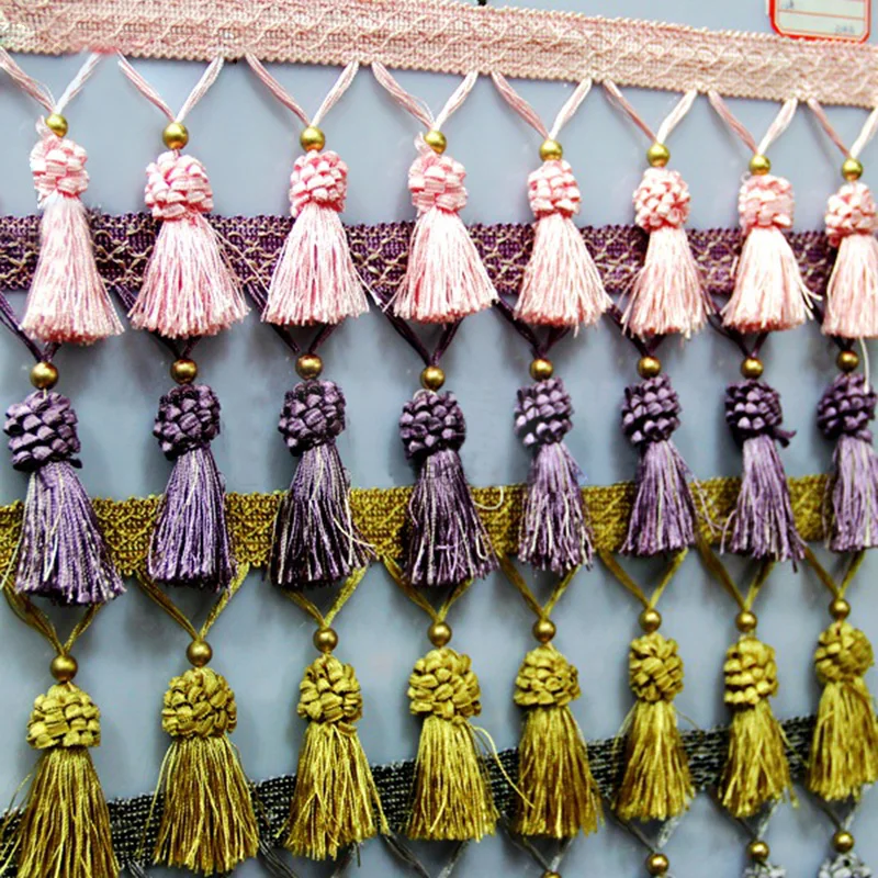 100cm Fringe Trim with Pom Pom Tassel Crystal Beads Lace Ribbon for Curtain Cushion Tablecloth Sewing DIY Crafts Upholstery Deco