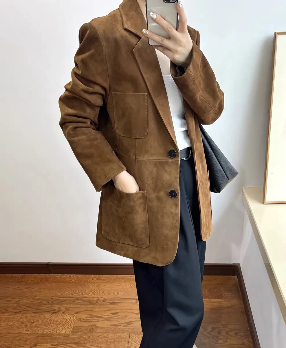レトロスエードレザースーツコート女性用2025秋冬本革カウスエードジャケットヴィンテージコーヒージャケットアウターポケット付き