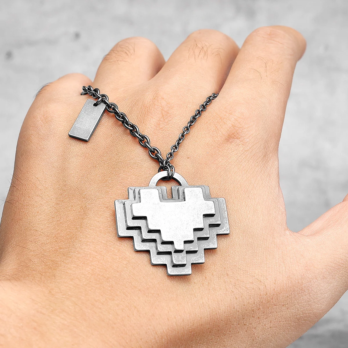 Pixel-style Heart Pendant Men Street Necklace Creative Stereo Couples Stainless Steel Chain Cool Punk Rock Jewelry for Male Gift image 4