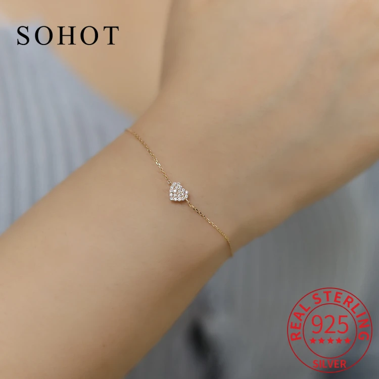 

Real 925 Sterling Silver Heart Zircon Light luxury Chain Bracelet for Women Trendy Fine Jewelry Minimalist Accessories