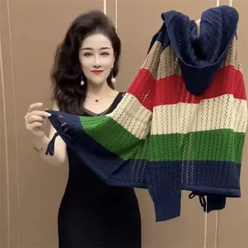 Women Korean Rainbow Stripe Hooded Knitted Coat 2023 Autumn Female New Western Style Reduced Age Cardigan Hollow Striped Sweater