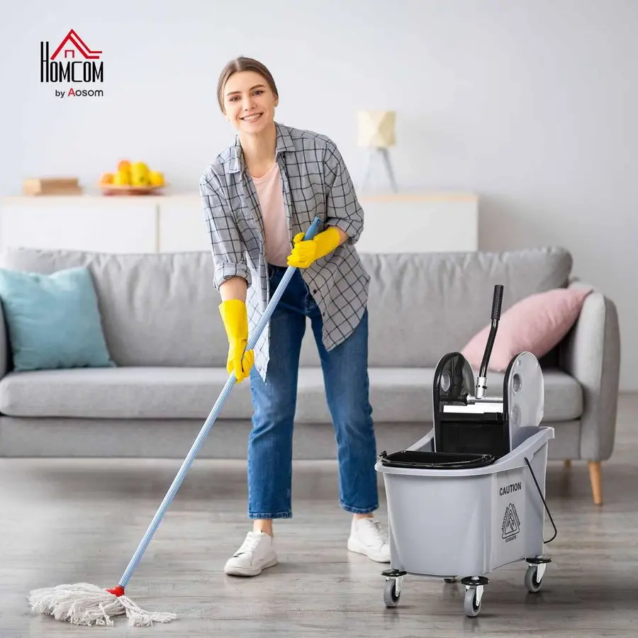 

9.5 Gallon 38 Quart Mop Bucket with Wringer Cleaning Cart, 4 Moving Wheels, 2 Separate Buckets, amp MopHandle Holder, Grey