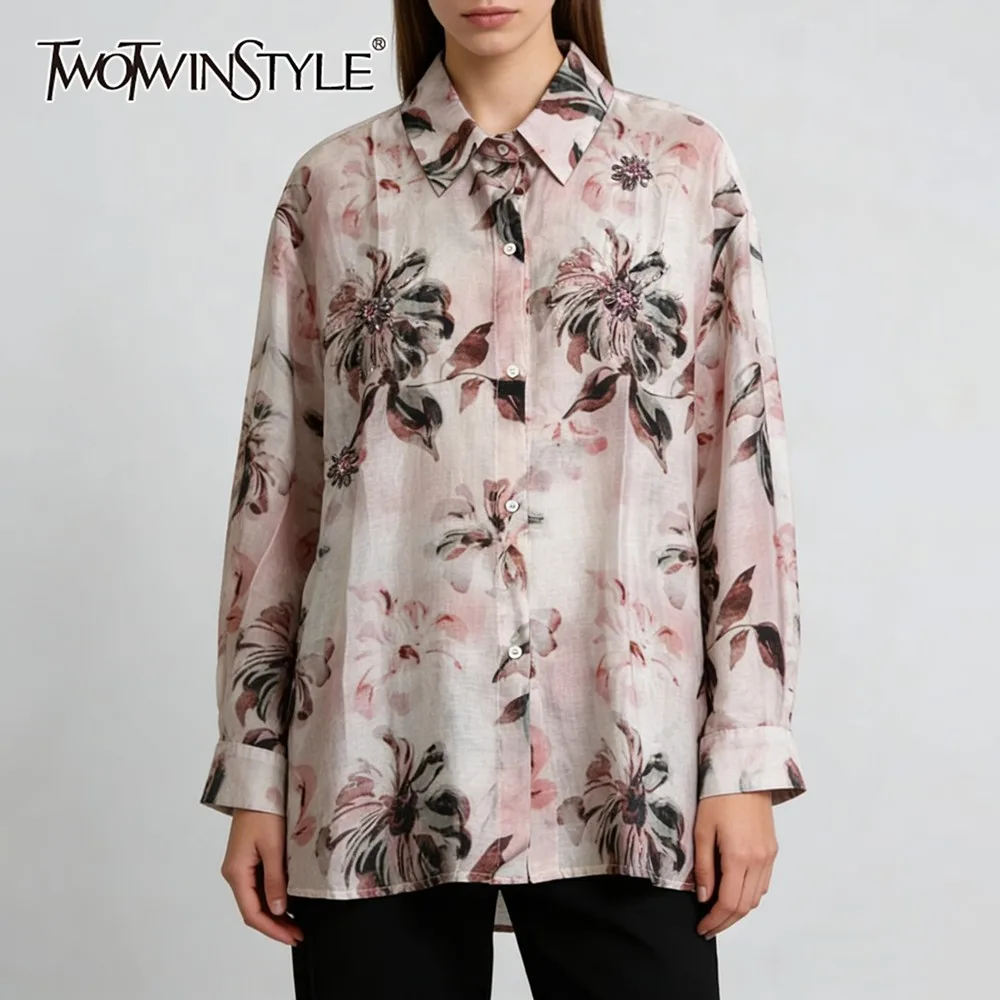 

TWOTWINSTYLE, однотонная роскошная рубашка с принтом, женская свободная элегантная французская рубашка с лацканами и длинными рукавами, осенняя мода, новинка