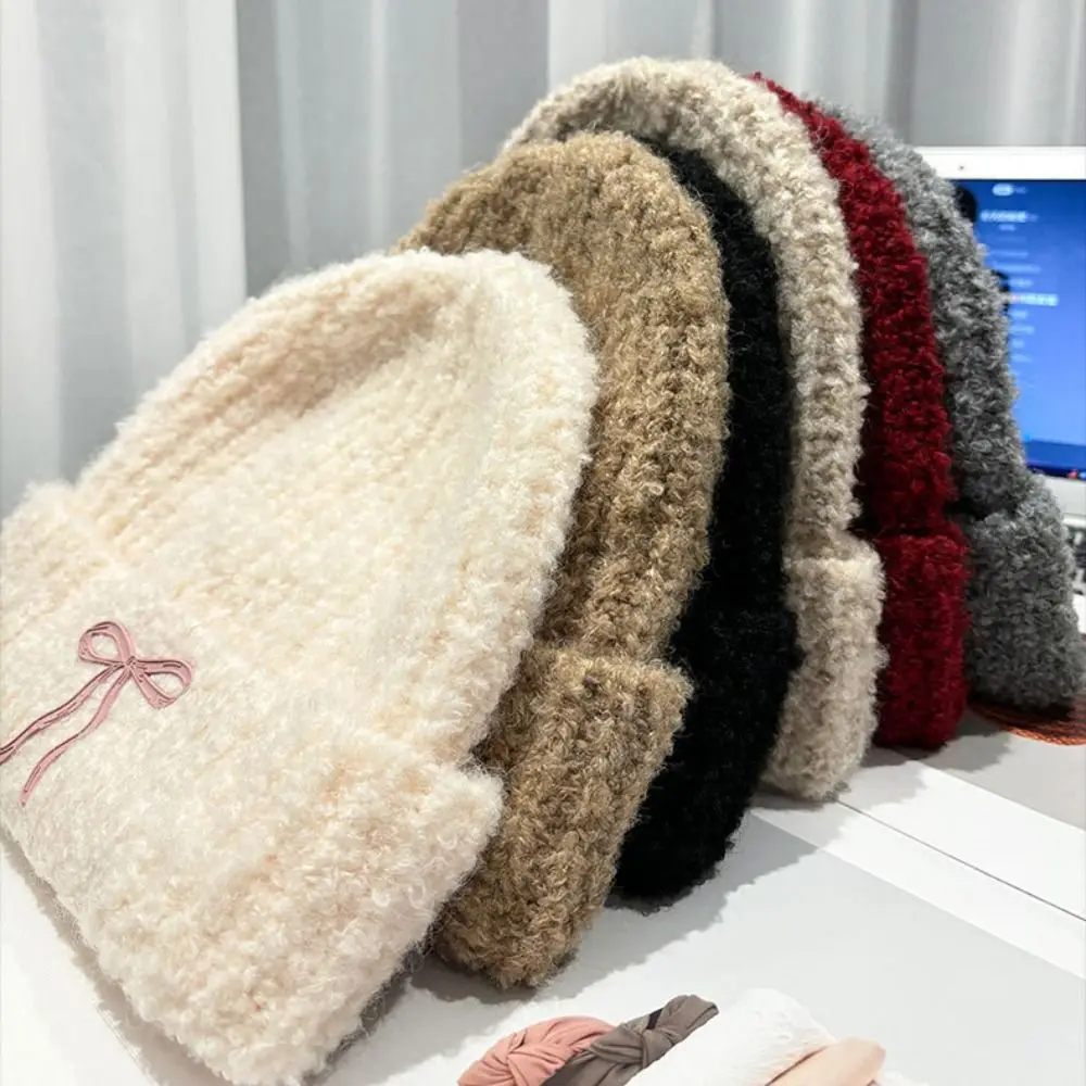 Cute Solid Color Bow Knitted Hat Wool Hat Korean Crochet Basin Cap Warm Cap Jennie Style Knit Beanie Girls