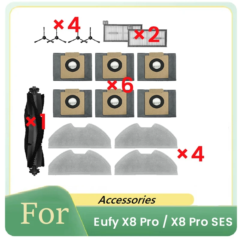 17 Pcs For Eufy X8 Pro / X8 Pro SES Cleaner Parts Replacement Main Side Brush Filter Rag Dust Bag