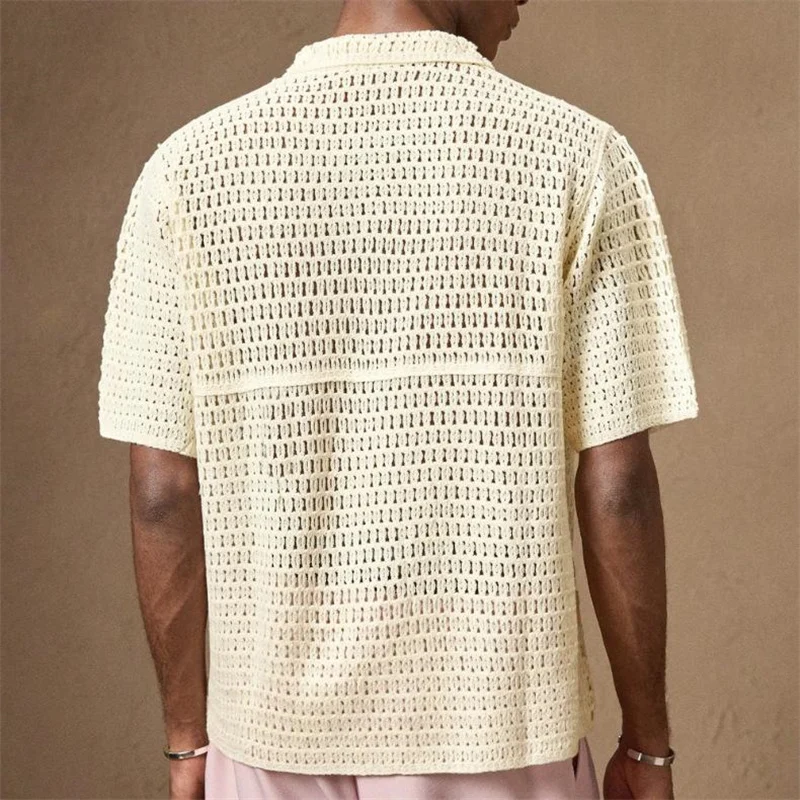التطريز الكروشيه قمصان للرجال قصيرة الأكمام فضفاضة تناسب محبوك الصيف جودة الاكريليك شبكة الجوف خارج العصرية قمصان دي Hombre