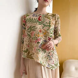 SXZ Pleats T-shirt 2025 Fall and Spring Miyake High-end Pleats Classic Models Printed Country Style Hundred Casual T-shirt Tops