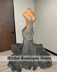 Luxury Silver Diamonds Long Prom Dress 2024 For Black Girls Beads Crystals Rhinestones Sequins Birthday Party Wedding Reception