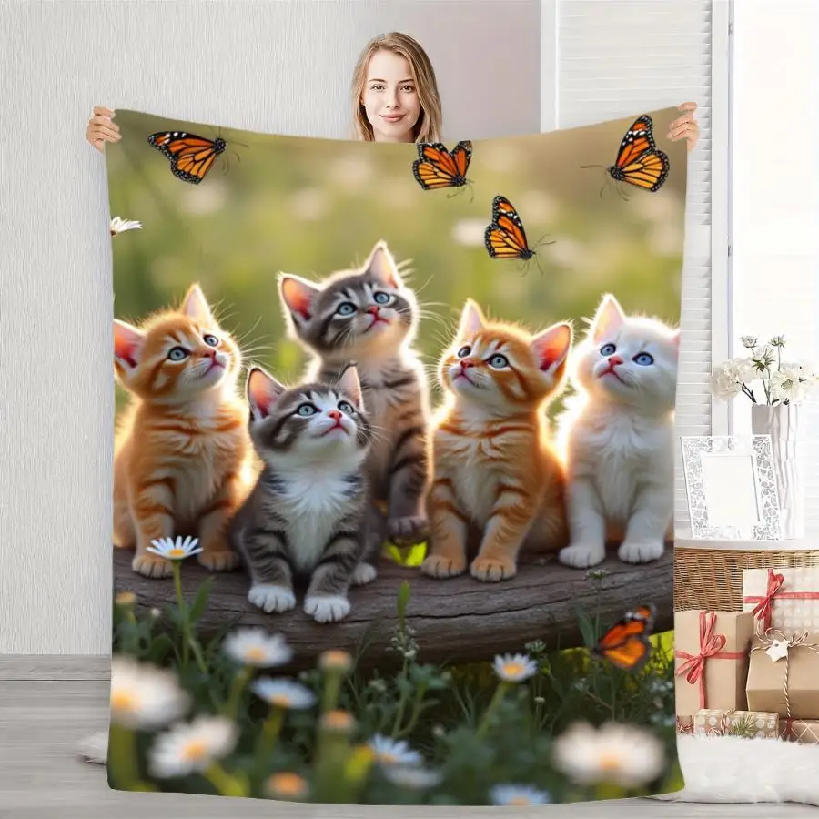 Cute Kittens On Log Watching Monarch Butterfly Floral Lawn Flannel Throw Blanket,Lovely Cat Print Blanket for Bedroom Sofa Decor