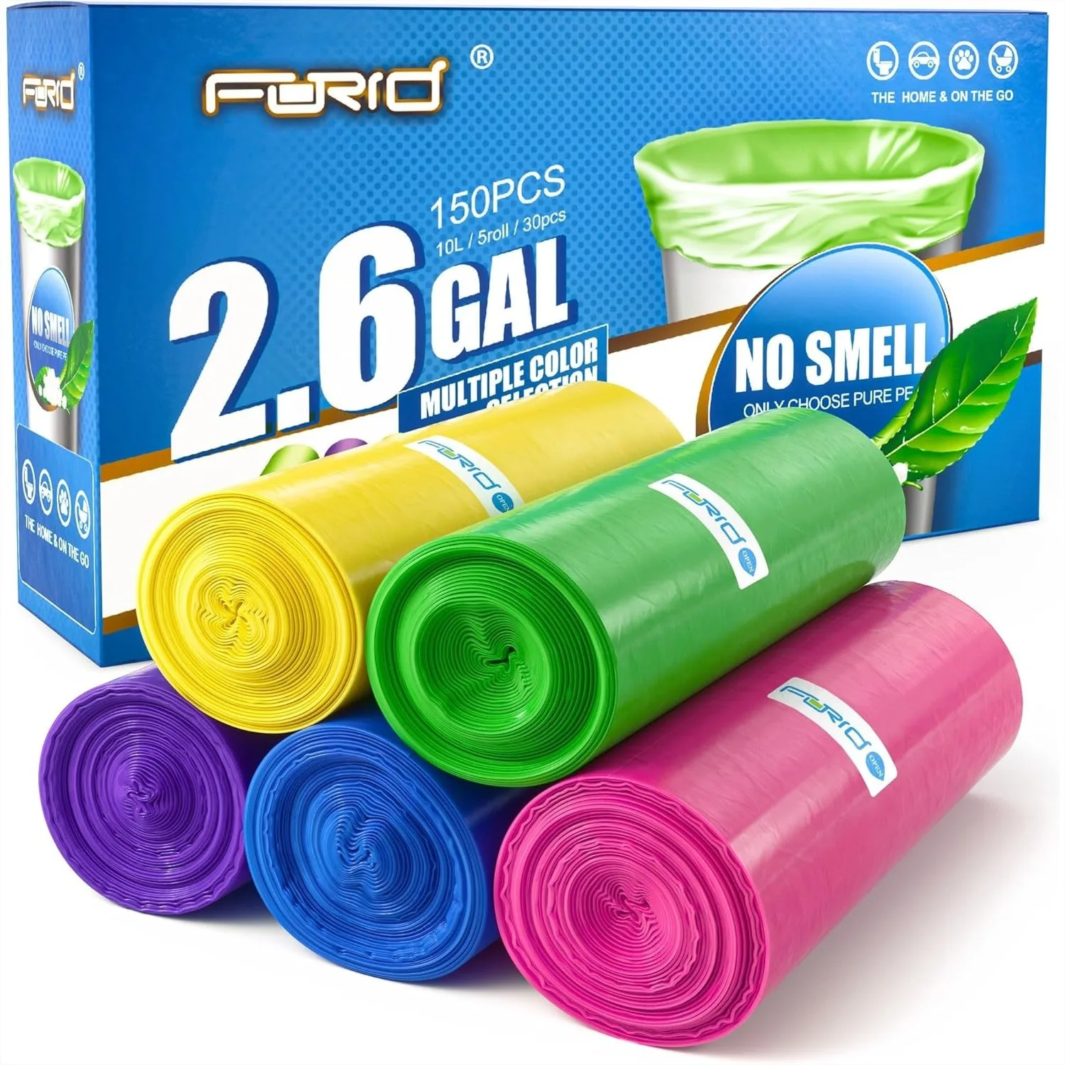

2.6 Gallon Small Trash Bags for Bathroom - Unscented, Extra Thick Strong Wastebasket Liners, 150 Count Multi Colored