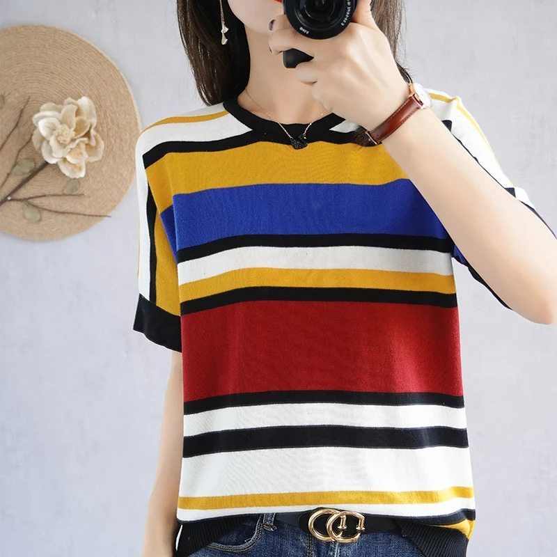 

Spring Summer New Hot Short Sleeved Top Women's 100% Pure Cotton Knit Round Neck T-Shirt Striped Pullover Casual Female Clothing