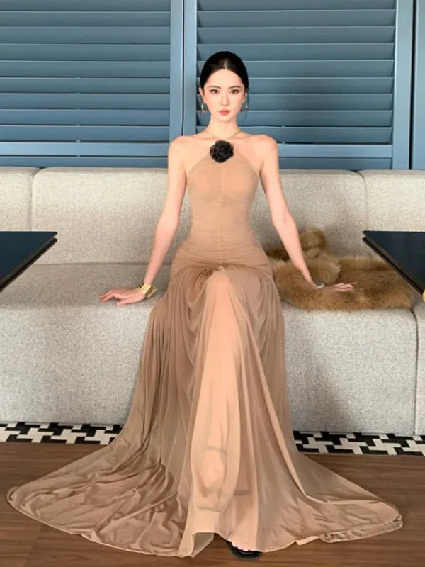 

Retro Ladylike Neck Hanging Strap Dress Unique Waist Cinching Long Dress Summer Fashionable Cotton Blend Casual Elegant