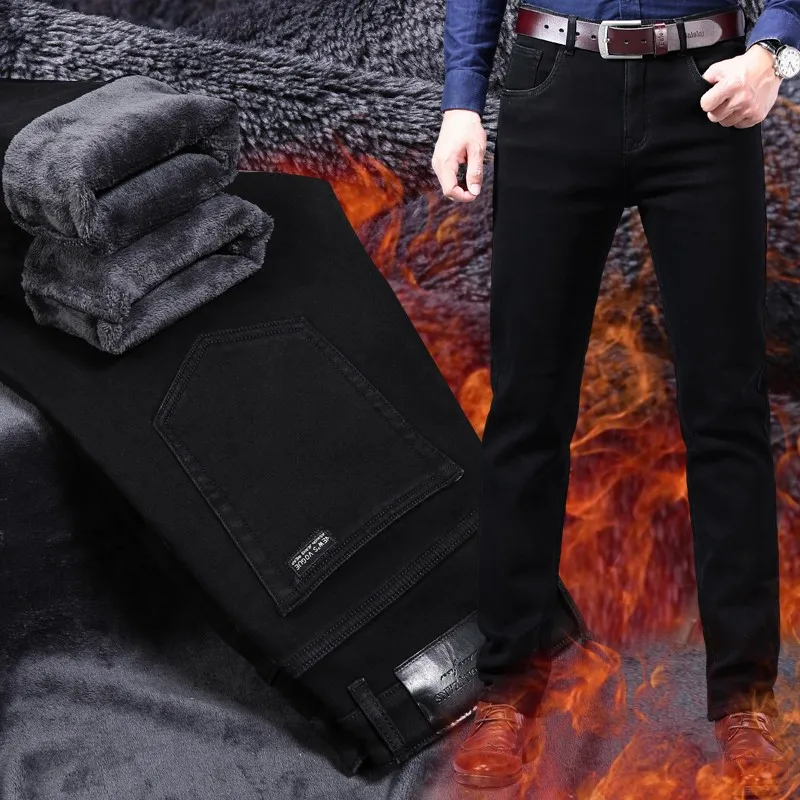 New Trousers Grey Fleece Men Clothes  Black Elasticity Warm Thinker Winter Jeans Busines  Velvet 4 Model Jeans