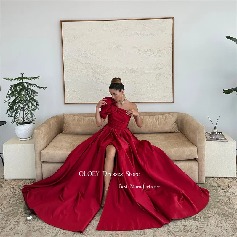 OLOEY-vestidos de noche de satén rojo, vestidos largos con un hombro y lazo dividido para graduación, vestido Formal para ocasión de fiesta, vestidos de celebridades personalizados 2024