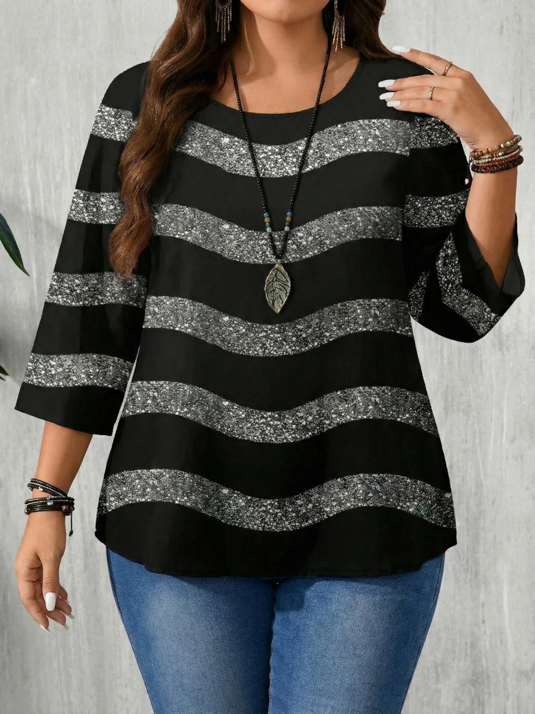 Stylish Plus Size Women's Glitter Stripe Top for Effortless Chic Look