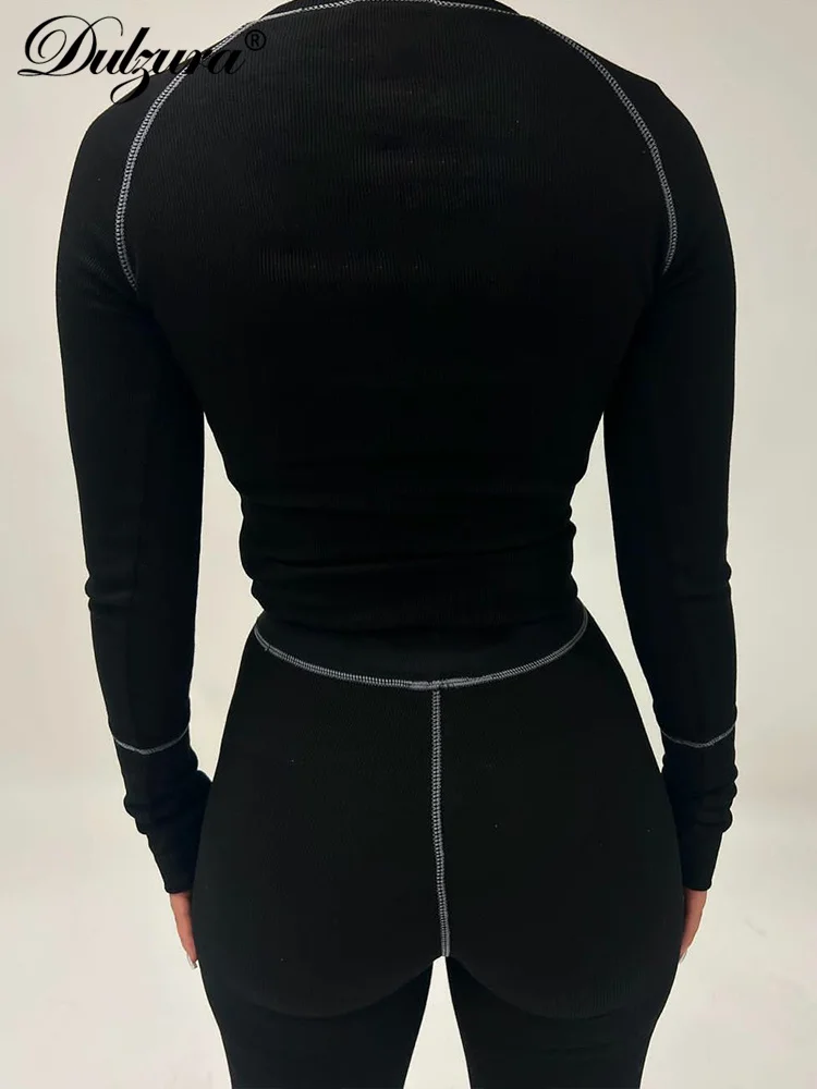 Dulzura Matching Suit Solid Pure Color O-Neck Long Sleeves Top Pants Sexy Y2K Casual Clubwear Birthday Party Ribbed Co Ords Set