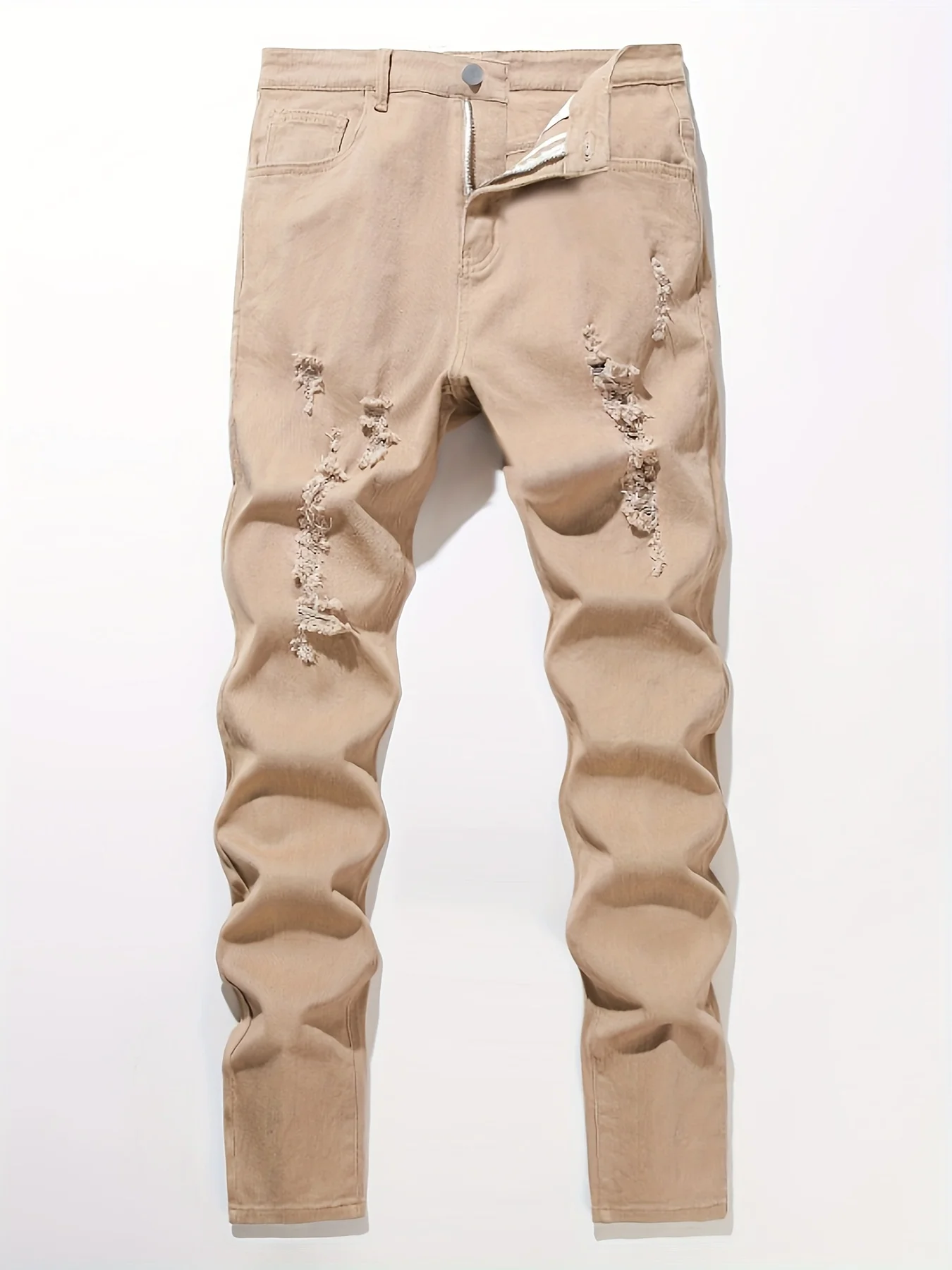 Casual herenjeans, geperforeerde kaki strakke denimbroek voor heren