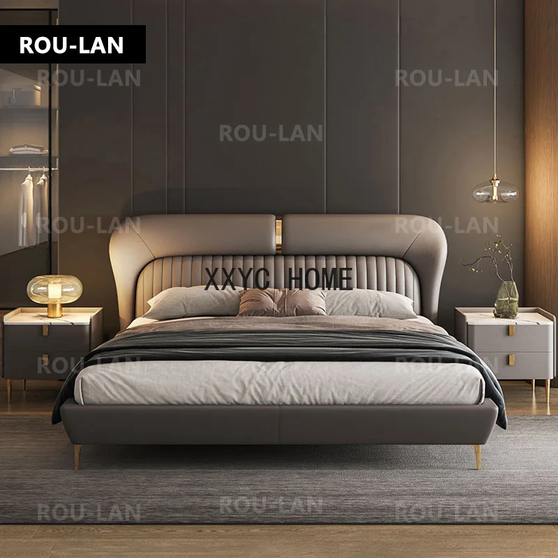 Leather Bed Light Luxury Modern Minimalist Master Bedroom Double Upholstered Bed Minimalist Design High-End Wedding Bed