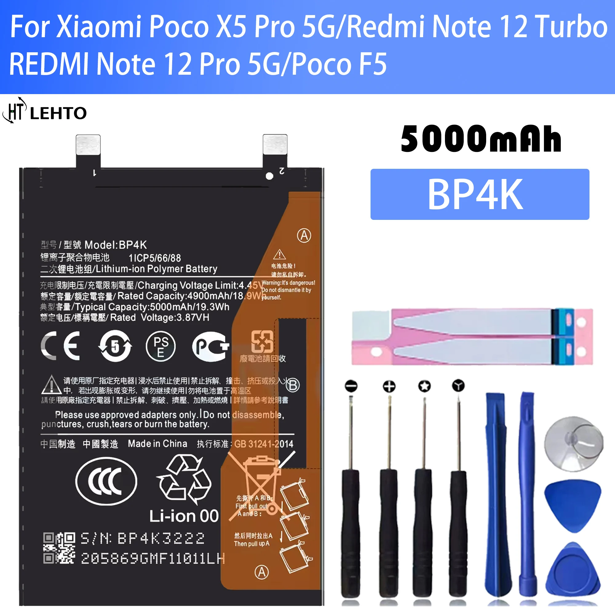 

100% New Original Battery BP4K ForXiaomi Poco X5 Pro 5G/REDMI Note 12 Pro/Poco F5 /Note 12 Turbo Battery + Free Tools