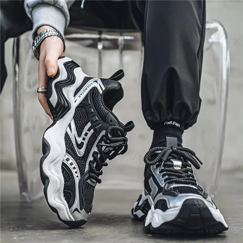 

Осенняя модная тенденция 2024, повседневная спортивная обувь на толстой подошве для мужчин, дышащие удобные низкие кроссовки на платформе со шнуровкой и сеткой