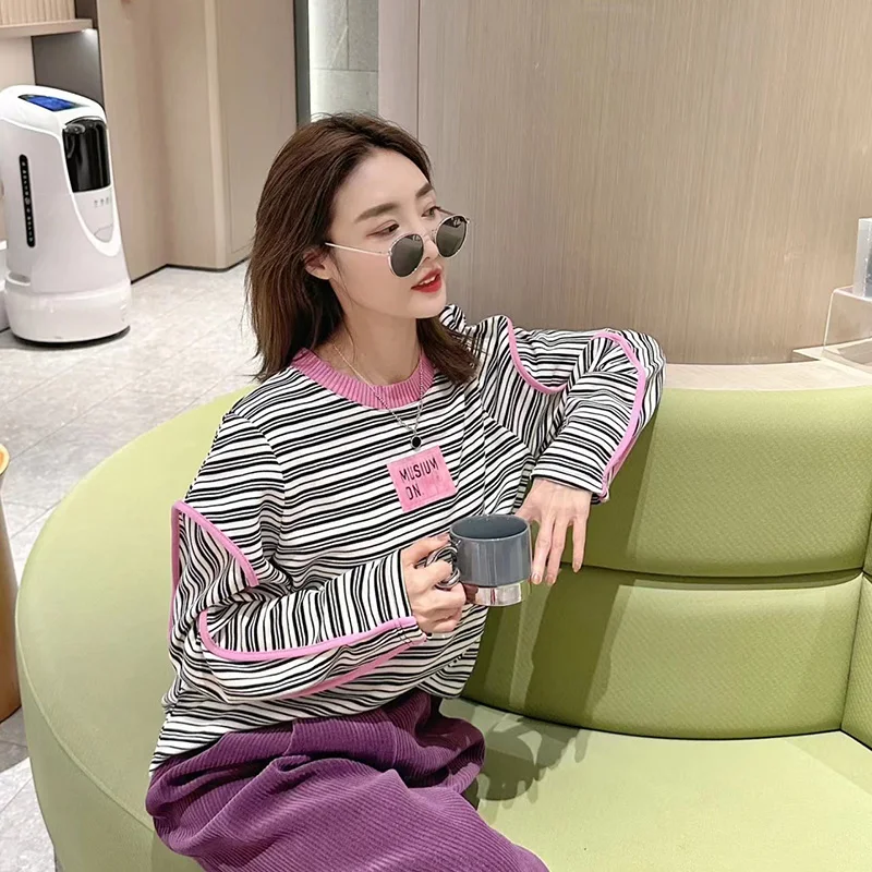 New Striped Sweatshirts Women Korean Fashion O-Neck Letter Patchwork Loose Long Sleeve Pullovers Daily Casual Basics Tops Female