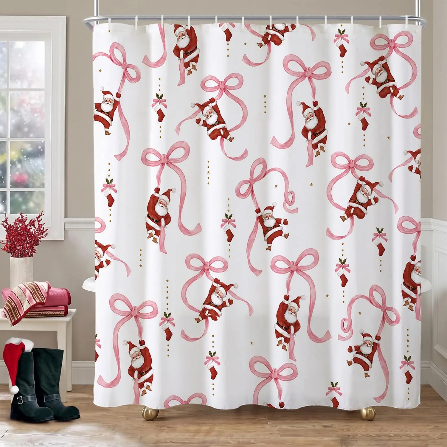 Baccessor Christmas Shower Curtain 72x72 Inch Red Santa Stocking Bathroom