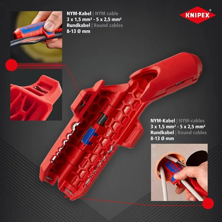 KNIPEX 16 95 01 SB 135mm ErgoStrip أداة تجريد عالمية - اليد اليمنى لتجريد الكابلات المترية