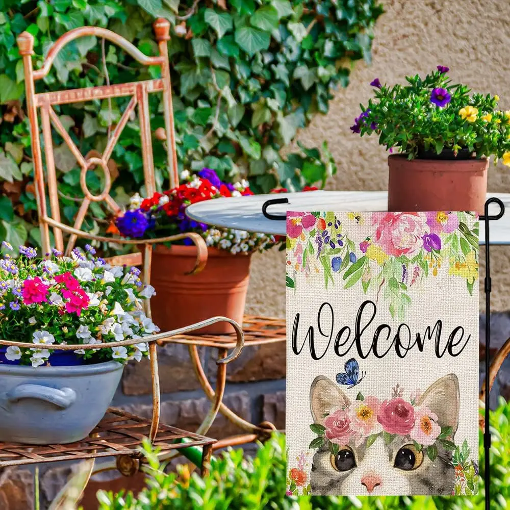 Cat Garden Flag Welcome 12 x 18 inch Flower Yard Outdoor Decoration Burlap Spring Garden Flag DF032