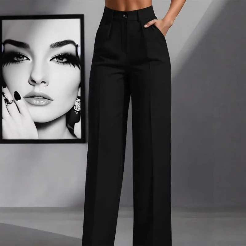 In-stock European and American Spring Autumn Women's New High-waisted Pocket Straight-leg Simple Suit Trousers Fashionable Women