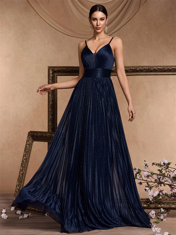 Xuibol 2024 elegantes Abendkleid sexy V-Ausschnitt A-Linie boden langes Kleid blau rücken frei Abschluss ball Party Frauen Maxi Cocktail Vestidos