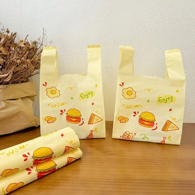 Yellow Handheld Plastic Bag Hamburger Sandwich Sausage Take Out Food Packing Bags Cartoon Cute Pattern Portable Packaging Bag