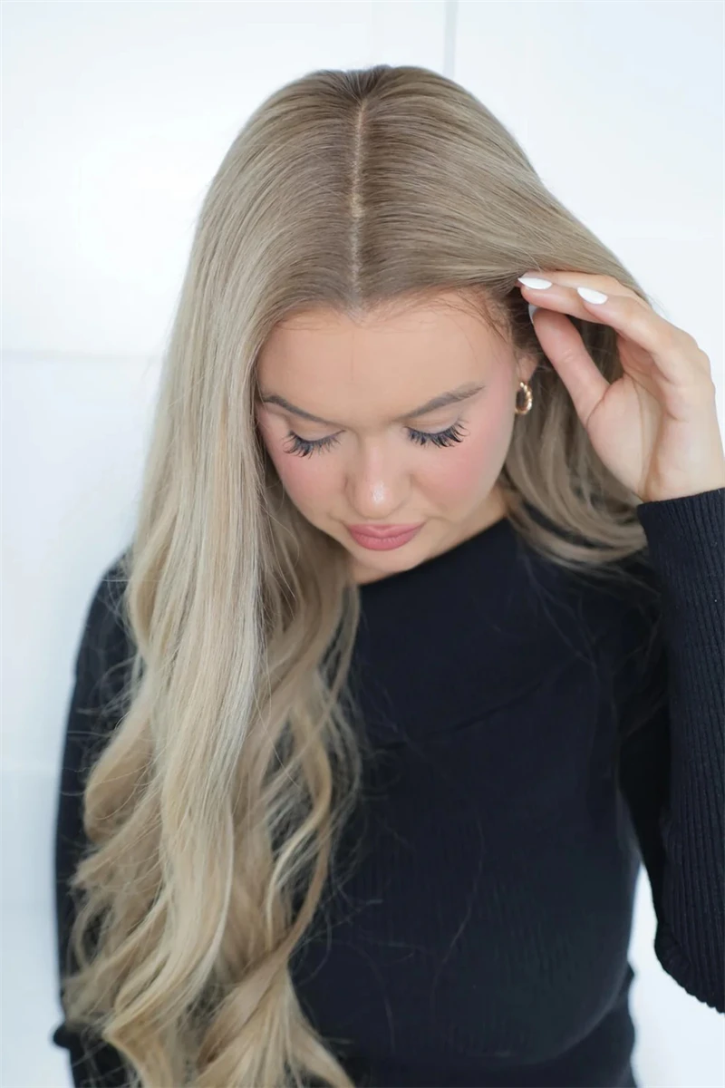 Glueless Hairline Ombre Ash Blonde Highlight Wig with Roots Synthetic HD Lace Front Wig Small/Large Size Cap Real Wig Top Lace