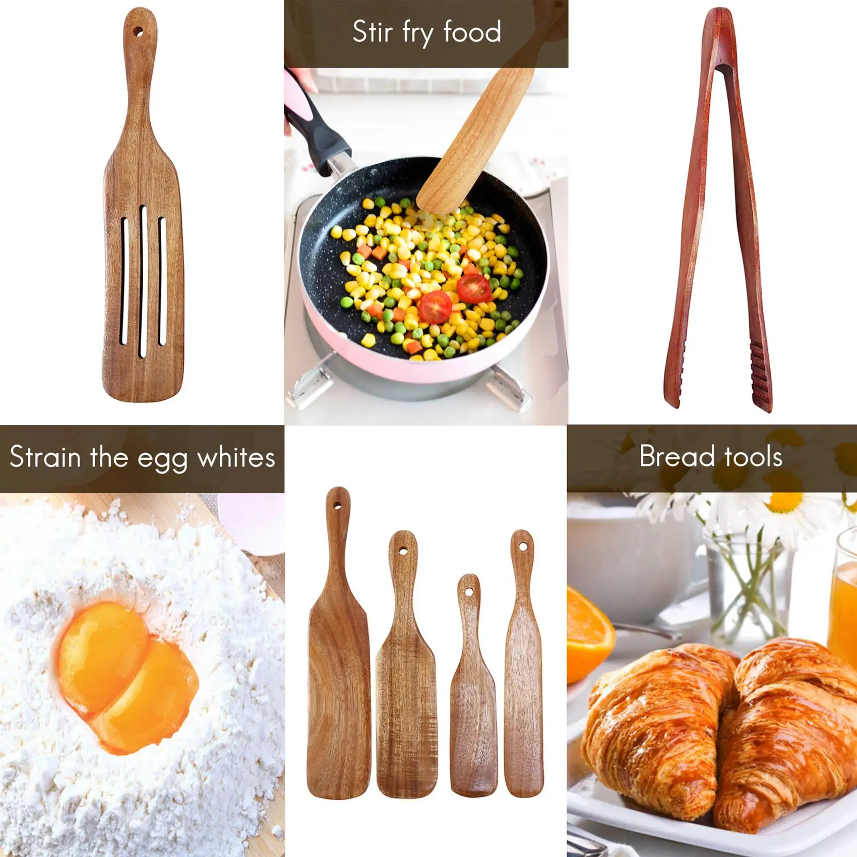 HLZS-6 Pcs Wooden Spurtle Set, Teak Spurtle Set Heat Resistant Wooden Spatula Cooking Utensils Set Non-Stick Wooden Spoons