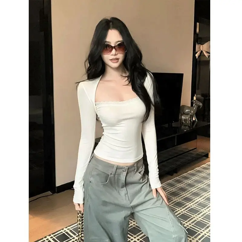 Pure Desire Square Collar Lace Splice Long Sleeve T-Shirt Women's Tight Base Shirt Hot Girl Waist Cinching Small Top