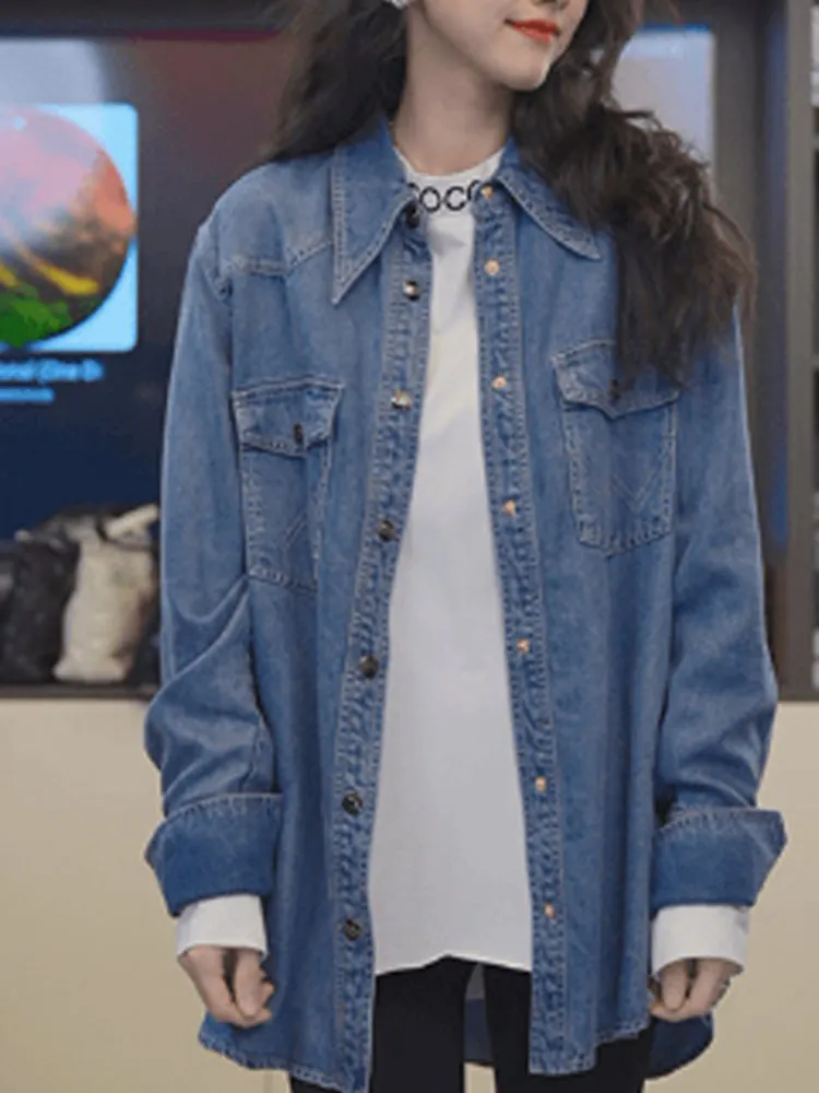 

Корейский джинсовый топ irt Jaet, повседневный женский однотонный свободный топ с одной пуговицей, прямая трубка для поездок на работу и ветер