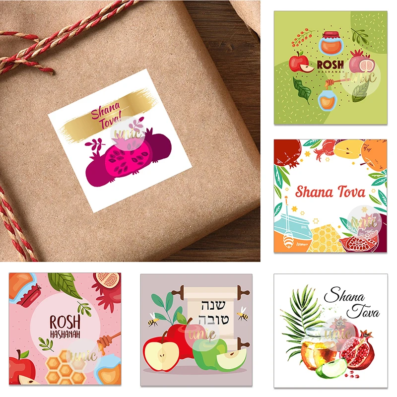 Shana Tova Rosh Hashanah Square Sticker Labels Jewish Happy New Year Celebration Sticker Flower Party Decor Self-adhesive Labels