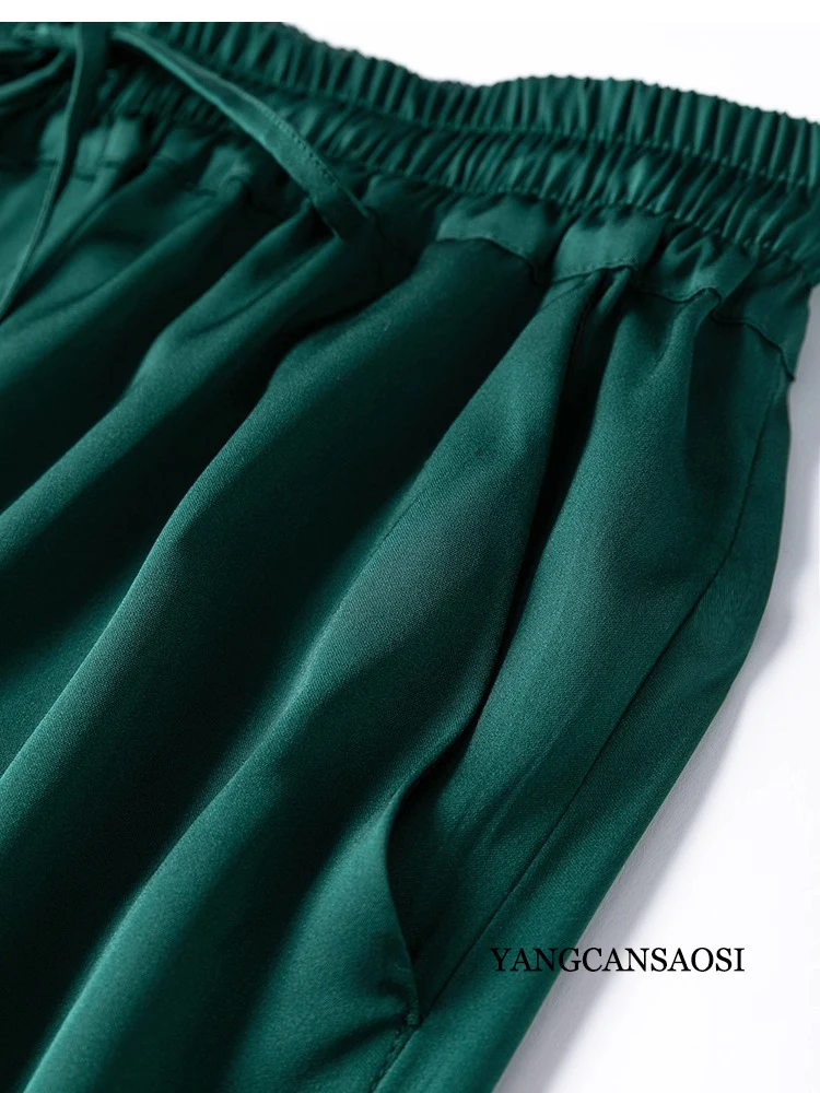Vertical Naked Feeling 93% Natural Mulberry Silk Elastic Double Qiao Satin Elastic Waist Women's Fashionable Wide Leg Pants