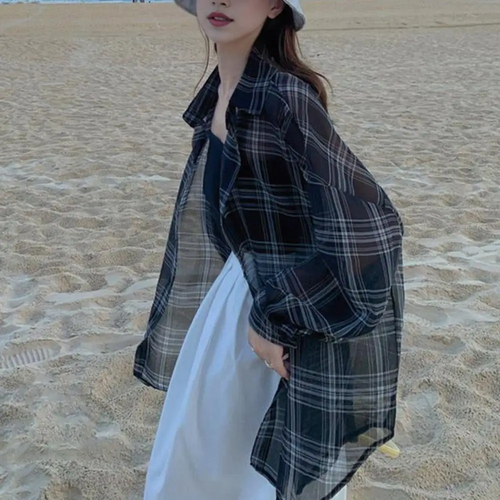 

Plaid Shirt for Women Summer 2024 Long Sleeve Shirt Tops Thin Single Breasted See-through Sun Protection Shirt Harajuku Shirts