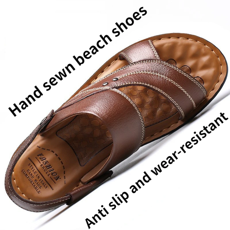 2024 Summer New Men\'s Sandals and Slippers Size 37-46 Men\'s Genuine Leather Beach Shoes Dual purpose Casual Fashion Slippers