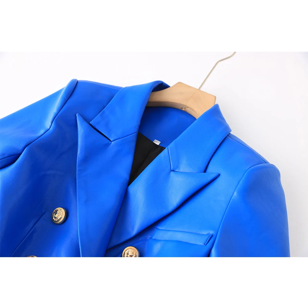 Women Quality Street Motorcycle Pu Leather Biker Jackets Notched Gold Buttons Waterproof Slim Blazers