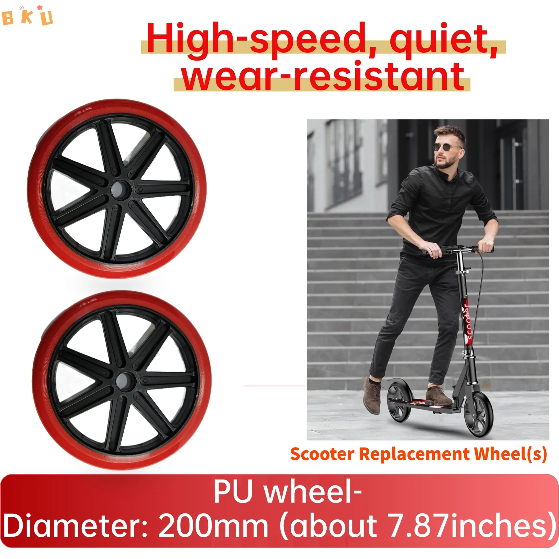 

200mm (8 Inches) Replacement Wheels for Scooters & Front Wheels for Wheelchairs, High Elasticity, Quiet & Wear-Resistant, 2-Pack
