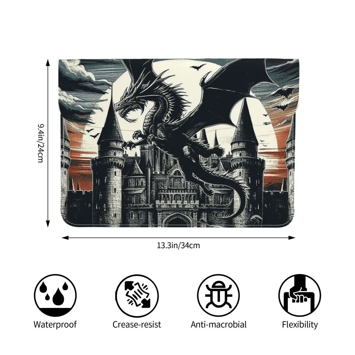 Fantasy Mythical Dragon And Castle PU Leather Horizontal Laptop Sleeve Shockproof Soft Lining Notebook Case 13 Inch
