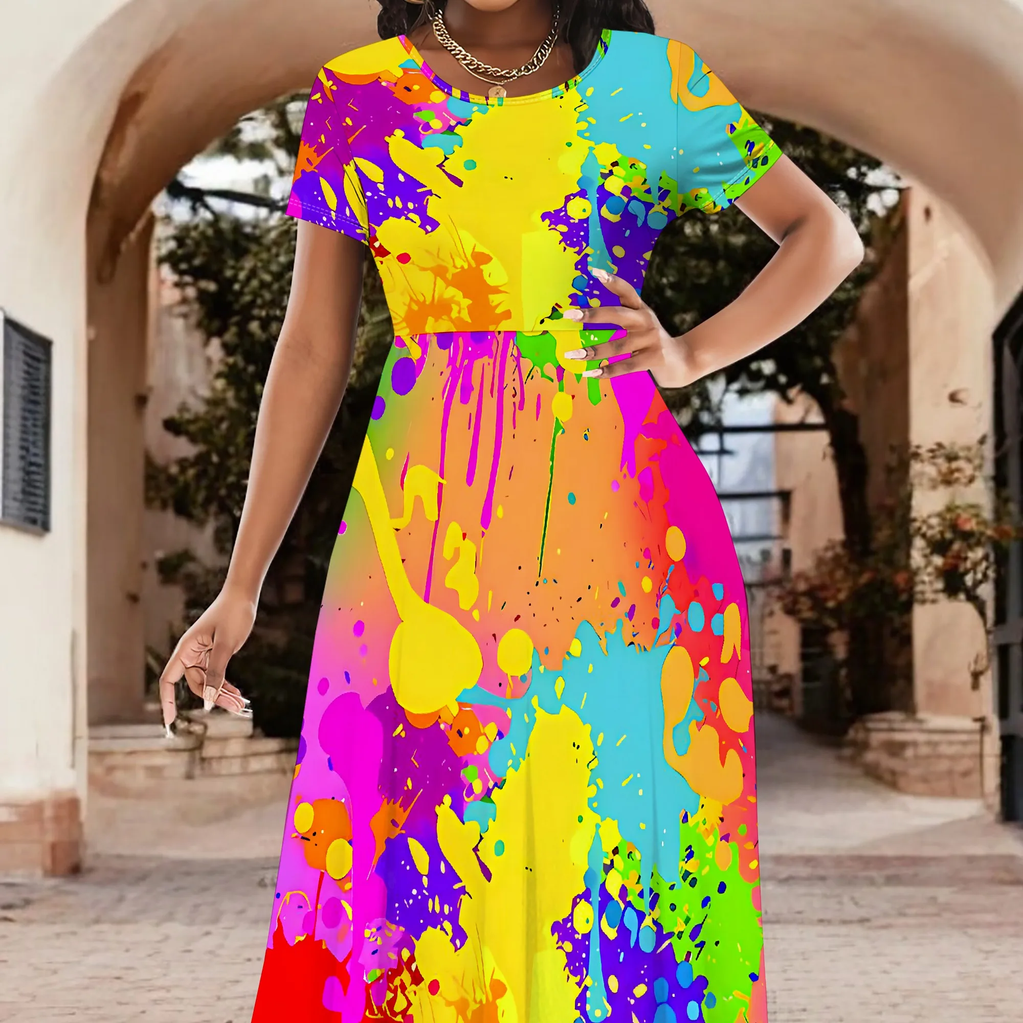 Abito lungo Boho ampio da donna a maniche corte con collo sexy, abito lungo da vacanza casual con orlo diviso stampato alla moda