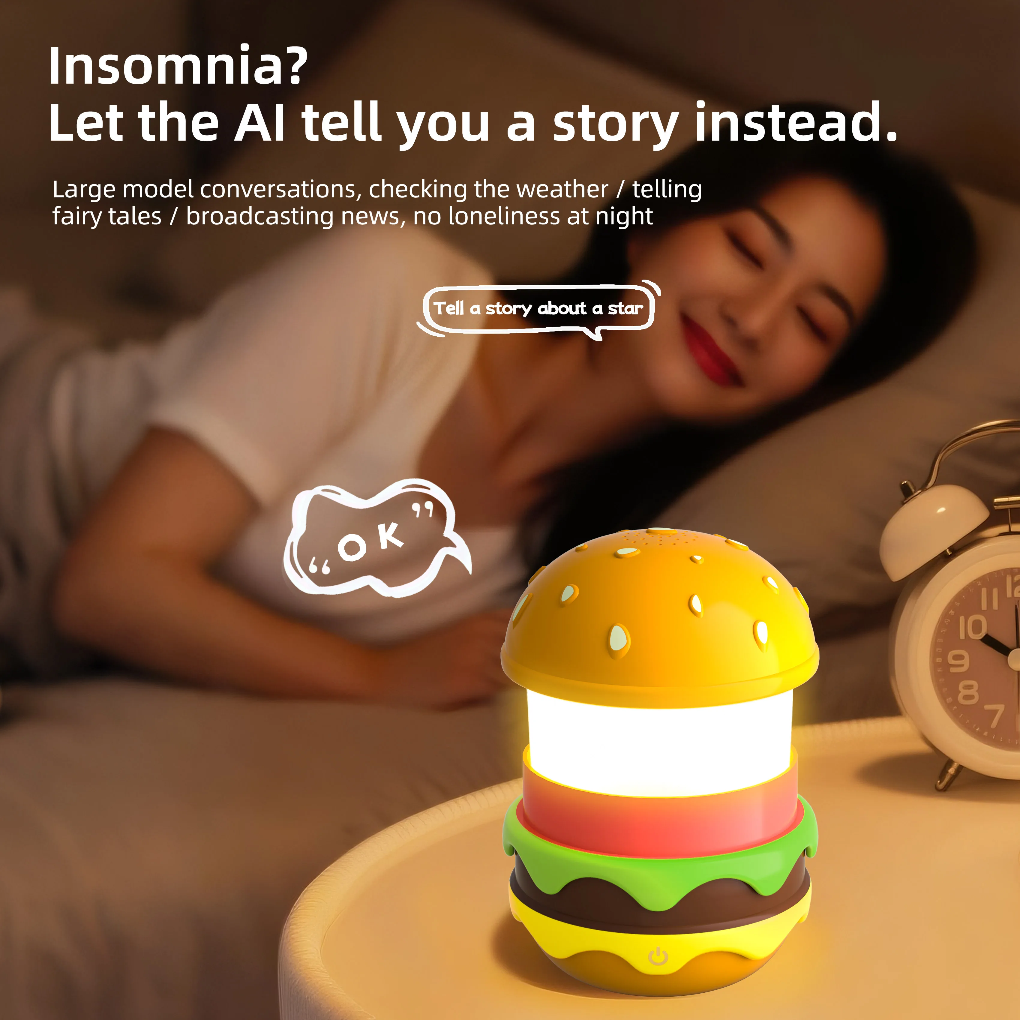 Alto-falante Bluetooth com luz noturna de hambúrguer LED - Máquina de som de ruído branco para quarto de crianças, lâmpada de mesa criativa