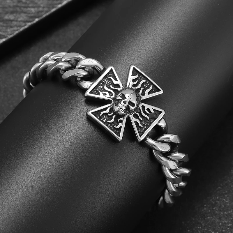 Vintage Stainless Steel Gothic Cross Skull Bracelet Men\'s Motorcycle Rider Rock Party Jewelry